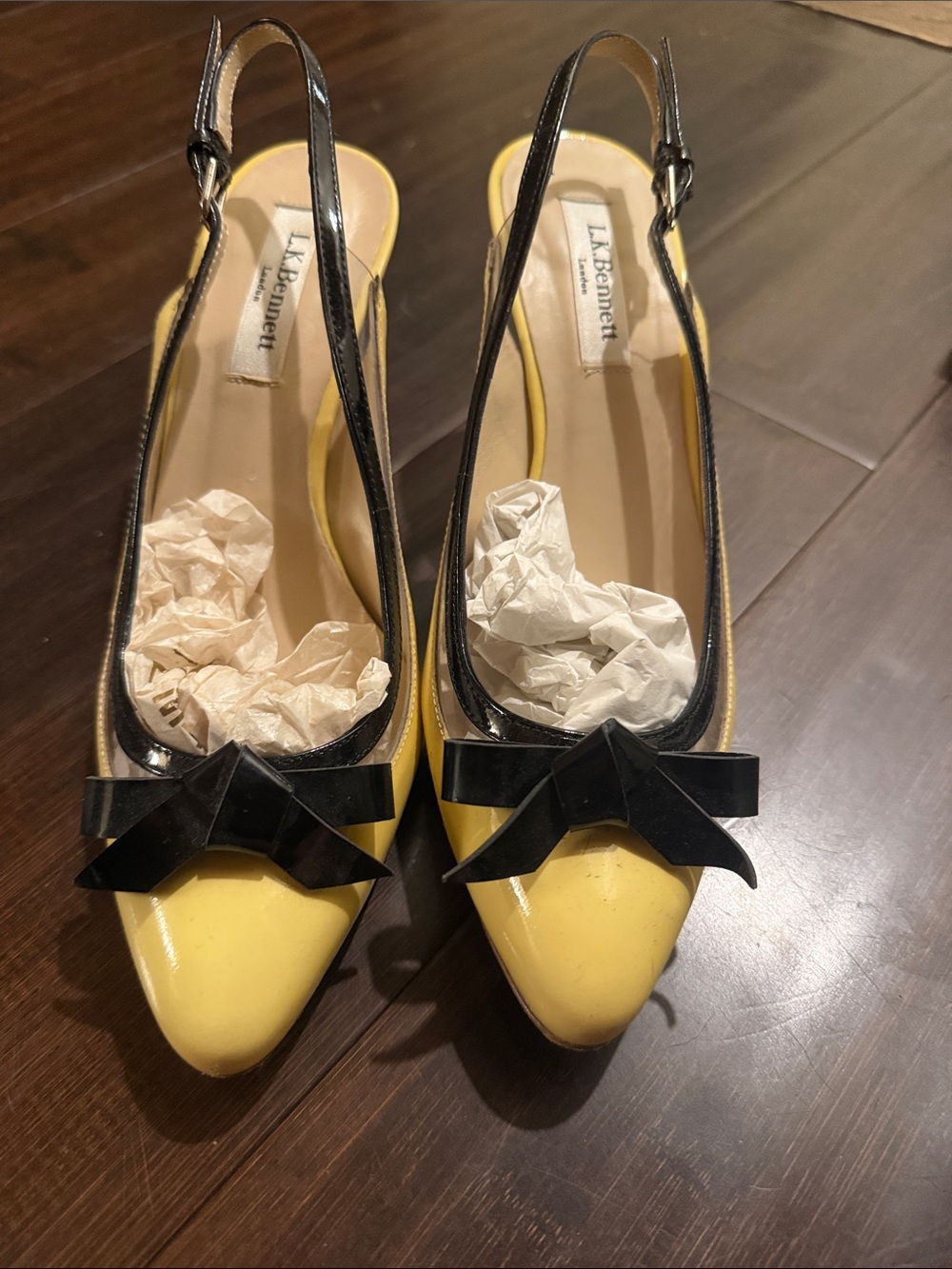 LK Bennett Yellow Patent Slingback Pumps with Black Trim & Bow